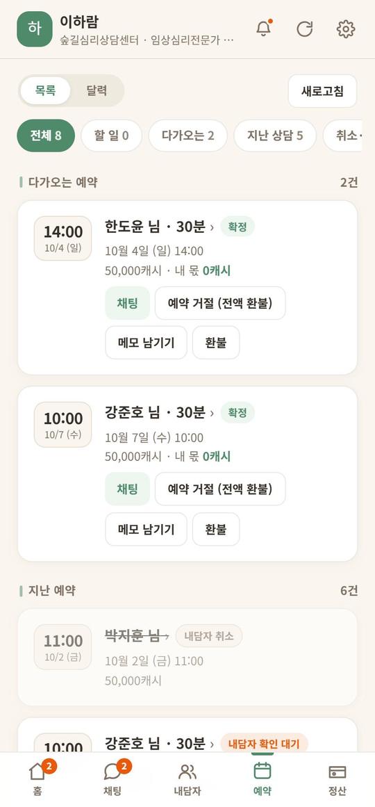 예약 — 확정·거절·환불·메모